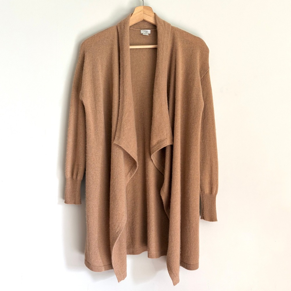 Halogen Cashmere Open Front Cardigan Sweater Sz XS Camel Tan Draped Soft Classic